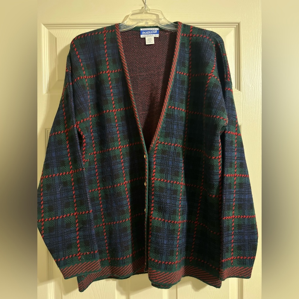 Pendleton Vintage Women's 100% Virgin Wool Navy Green Red Plaid Cardigan Sz 1X